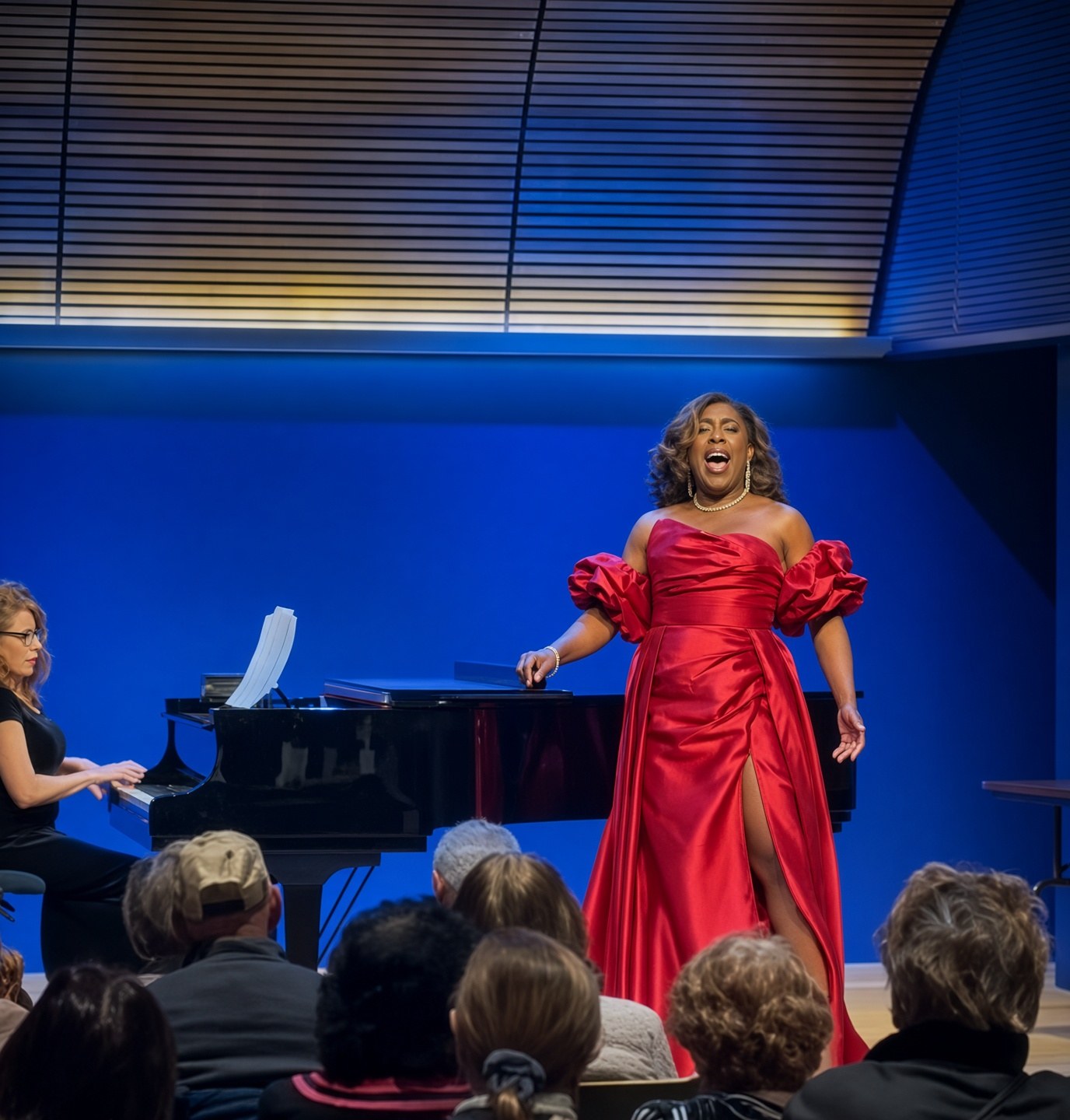 Xavier Williams performing in a red concert gown with grand piano at the 2026 SAS Performing Arts finals
